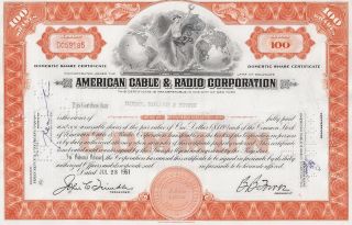American Cable & Radio Corporation. . . . .  1960 Stock Certificate photo