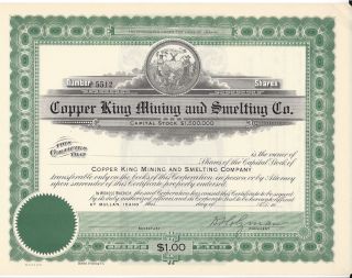 Copper King Mining And Smelting Co. . . . . . .  Unissued Stock Certificate photo
