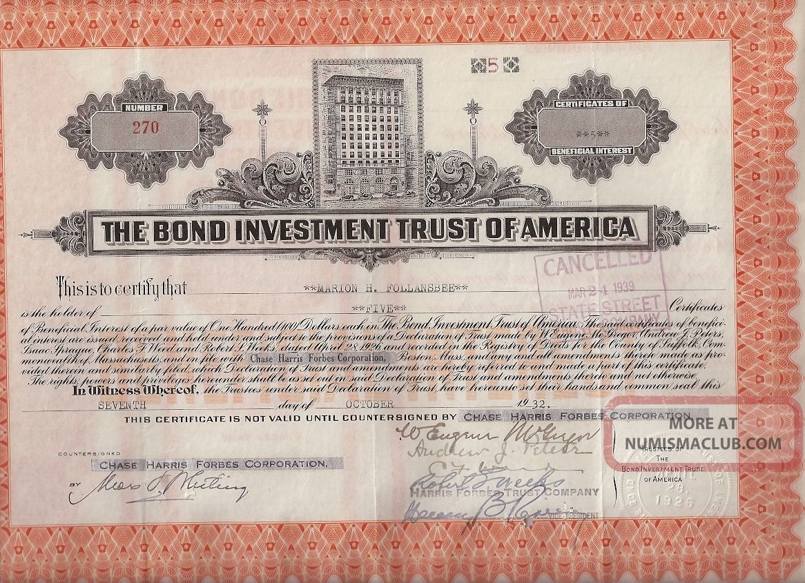 The Bond Investment Trust Of America. . . . .  Certificates Of Beneficial Interest Stocks & Bonds, Scripophily photo
