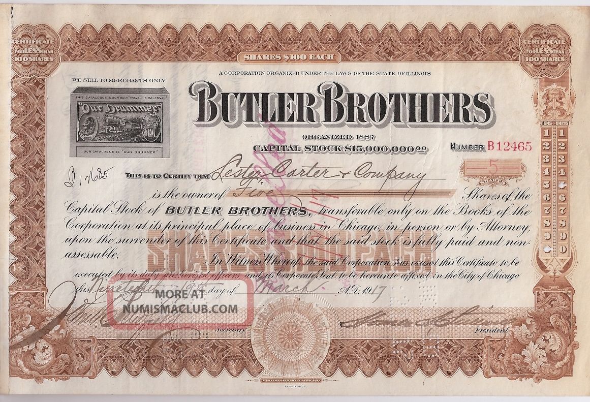 Butler Brothers. . . . . . . . . . . . . . . .  1920 Stock Certificate Stocks & Bonds, Scripophily photo