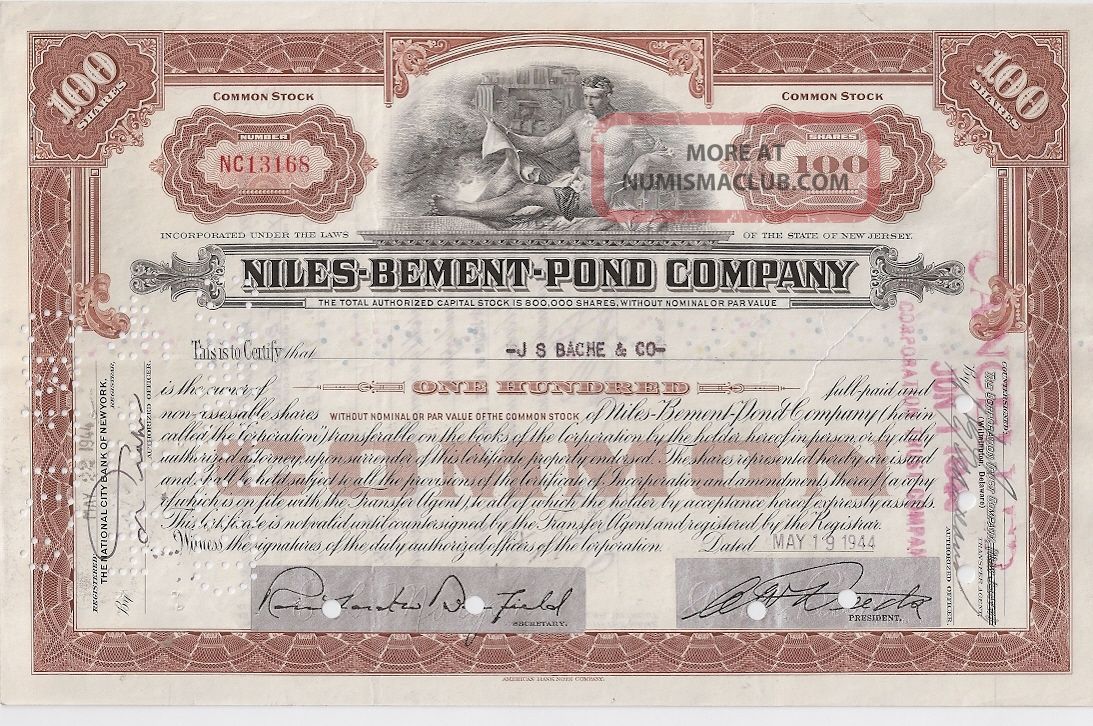 Niles - Bement - Pond Company. . . . . .  1942 Stock Certificate Stocks & Bonds, Scripophily photo