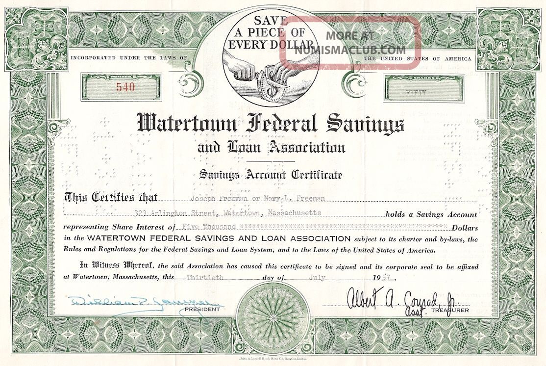 Watertown Federal Savings And Loan Association.  (mass). . .  1955 Stock Certificate Stocks & Bonds, Scripophily photo
