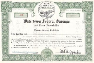 Watertown Federal Savings And Loan Association.  (mass). . .  1955 Stock Certificate photo