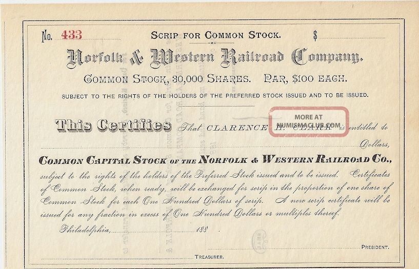 Norfolk & Western Railroad Company. . . . .  1880 ' S Scrip Certificate Stocks & Bonds, Scripophily photo