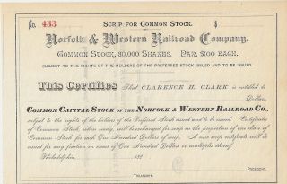 Norfolk & Western Railroad Company. . . . .  1880 ' S Scrip Certificate photo