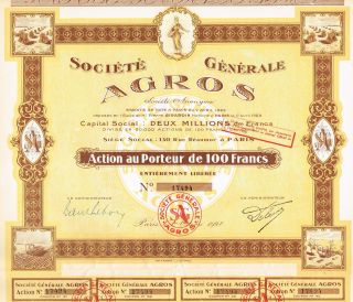 France General Agriculture Company Stock Certificate 1928 photo