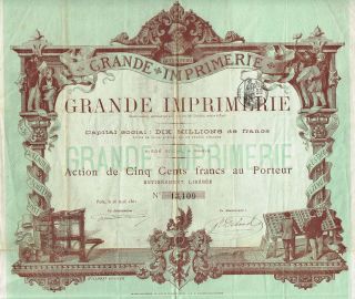France Grand Printing Company Stock Certificate 1881 Rare photo