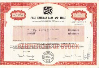 First American Bank And Trust Fl 1987 Stock Certificate photo