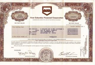 First Columbia Financial Corporation Co 1982 Stock Certificate photo