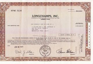 Longchamps,  Inc.  Ny Stock Certificate photo