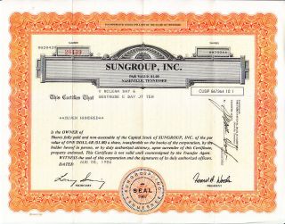 Sungroup,  Inc.  Tn 1986 Stock Certificate photo