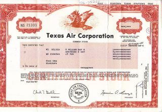 Texas Air Corporation 1987 Stock Certificate photo
