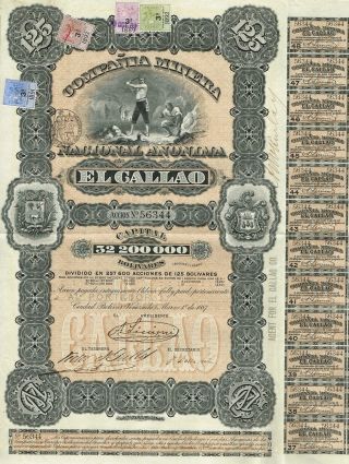 Venezuela El Callao Gold Mining Company Stock Certificate 1887 125 Bolivares photo