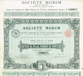 France Mobim Company Stock Certificate 1927 photo