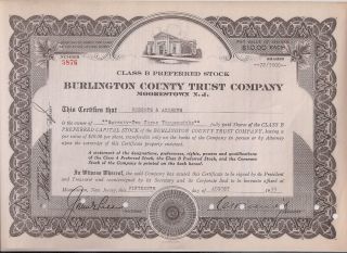 Burlington County Trust Company (moorestown,  Nj). . .  1933 Stock Certificate photo