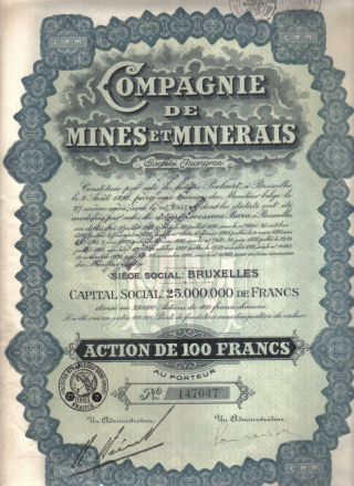 Belgium 1928 Compagnie De Mines Minerais Mining 100 Fr Coupons Uncancelled Seal photo