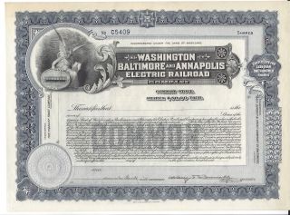 Washington Baltimore And Annapolis Electric Railroad. . . . .  Unissued Certificate photo