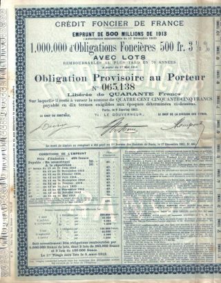 France State 3.  5% Bond Credit Foncier 1913 500 Fr Uncancelled Coupons 4 Revenues photo