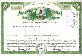 American General Insurance Company Tx 1968 Stock Certificate photo
