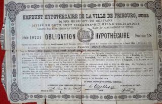 Switzerland Suisse 1878 Ville De Fribourg Emprunt Hipotecarie Bond Loan Stock photo