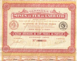 Africa Algeria 1908 Iron Mines Larrath Co 100 Francs Uncancelled Coupons Deco photo
