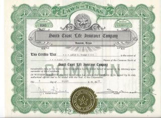 South Coast Life Insurance Company (houston,  Tx). . . .  1955 Stock Certificate photo