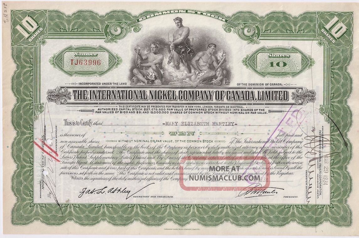 The International Nickel Company Of Canada Limited. . .  1936 Stock Certificate Stocks & Bonds, Scripophily photo