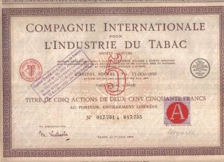 France 1924 International Co Tobacco Industry 5 Shares 1250 Fr Coup Uncancelled photo