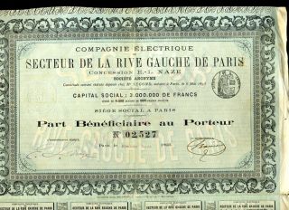 1893 French Stock Certificate Electric Rive Gauche Pari photo
