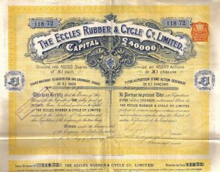 Uk Gb 1898 The Eccles Rubber & Cycle Co Share £1 Uncancelled Coupons photo