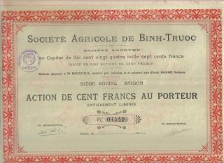 Indochina 1921 Agricultural Binh Truoc Co 100 Francs Share Uncancelled Coupons photo