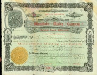Minnehaha Mining Stock Certificate 1896 Washington photo