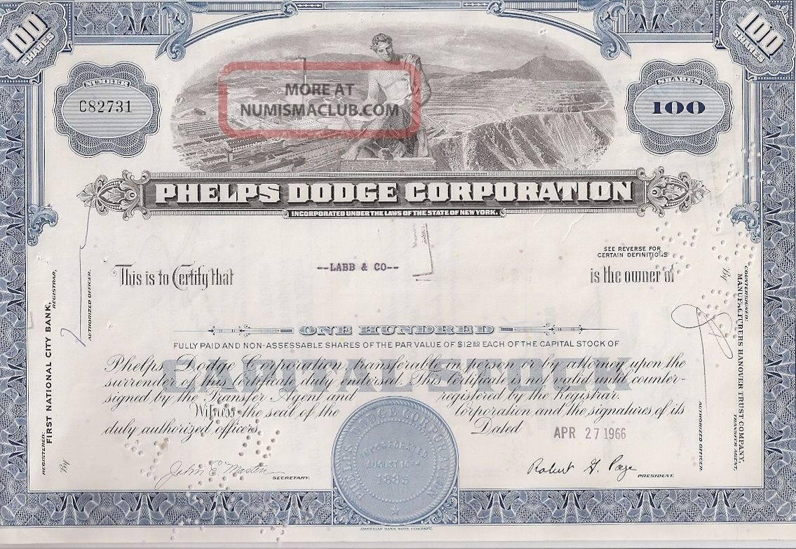 Phelps Dodge Corporation. . . . . .  1961 Stock Certificate Stocks & Bonds, Scripophily photo