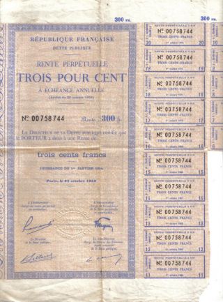 France State 3% Bond Public Debt Rente 1953 300 Francs Uncancelled Coup photo
