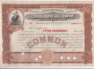 Consolidated Gas Company (city Of Pittsburgh). .  1890 ' S Unissued Stock Certificate photo