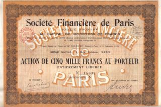 France 1926 Financial Society Financiere Paris 5000 Francs Uncancelled Coupons photo