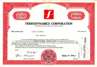 Ferrodynamics Corporation 1965 Stock Certificate photo
