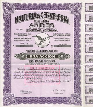 Argentina Andes Brewery Company Stock Certificate 1946 photo