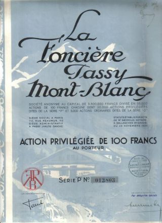 France Bond 1930 Fonciere Passy Mont Blanc Co 100 Fr Uncancelled Coupons Deco photo