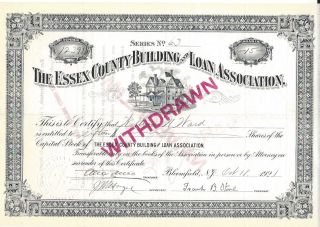 The Essex County Building & Loan Association. . . .  1921 Stock Certificate photo