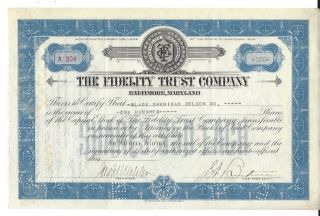 The Fidelity Trust Company (baltimore,  Md). . . . .  1923 Stock Certificate photo