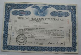 Stock Certificate For Sterling Precision Corportion 100 Shares 1963 photo