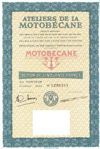 Motobecane Stock Certificate photo