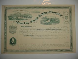 Sioux City & Pacific Railroad Company Stock Certificate Iowa Union Pacific photo