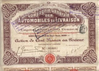 France 1912 Automobiles Livraison Company Car Auto 100 Fr Coupons Uncancelled photo