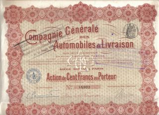 France 1914 Automobiles Livraison Company Car Auto 100 Fr Coupons Uncancelled photo
