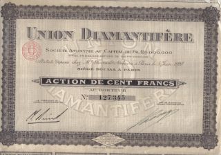France 1928 Diamond Union Diamantifere Co Goldsmith 100 Fr Coupons Uncancelled photo