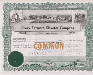 Crary Farmers Elevator Company (north Dakota). . . . .  Unissued Stock Certificate photo