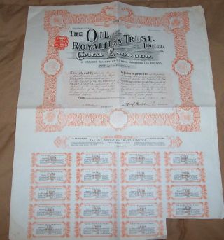 Uk Gb 1911 The Oil Royalties Trust Limited 4 Shares £4 Coupons Deco Uncancelled photo