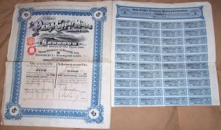 Spain Uk Gb 1911 The Pena Copper Mines Co 5 Shares £5 Uncancelled Coupons Deco photo